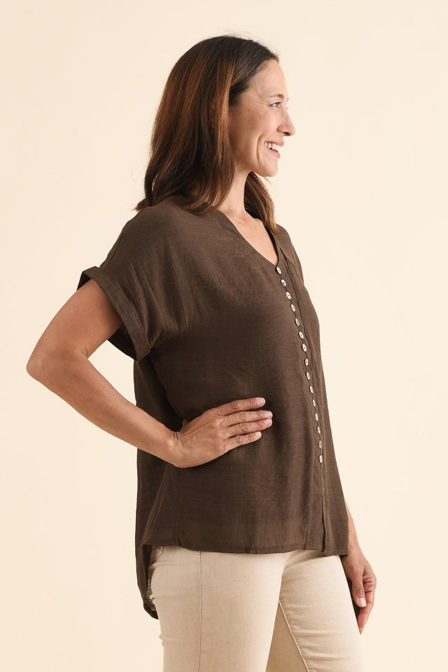Attica Chocolate Cotton Blend Button Top,Side,Brunette model,alt text|model:Cara image 3