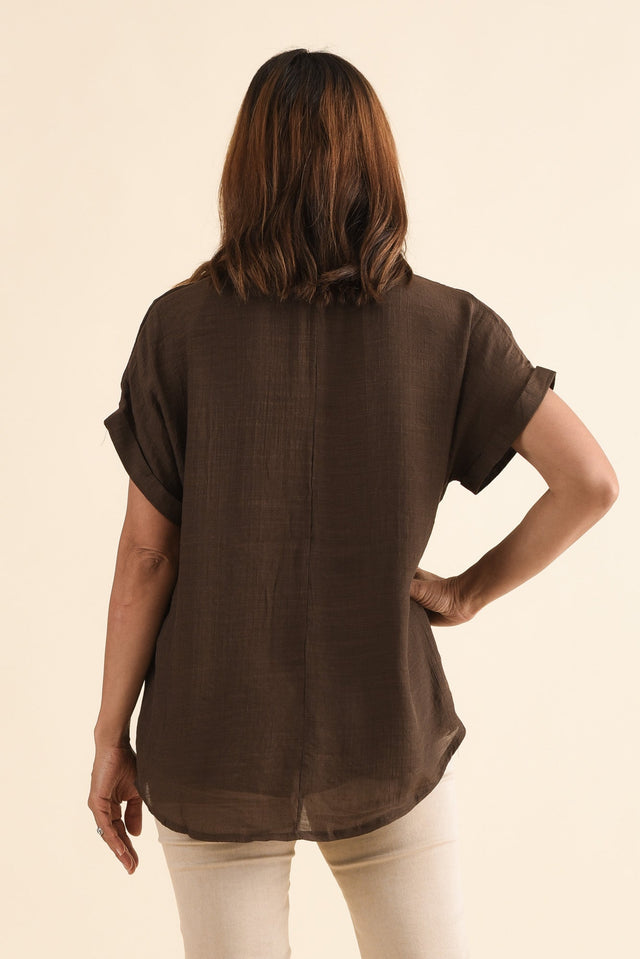 Attica Chocolate Cotton Blend Button Top,Back,Brunette model,alt text|model:Cara image 4