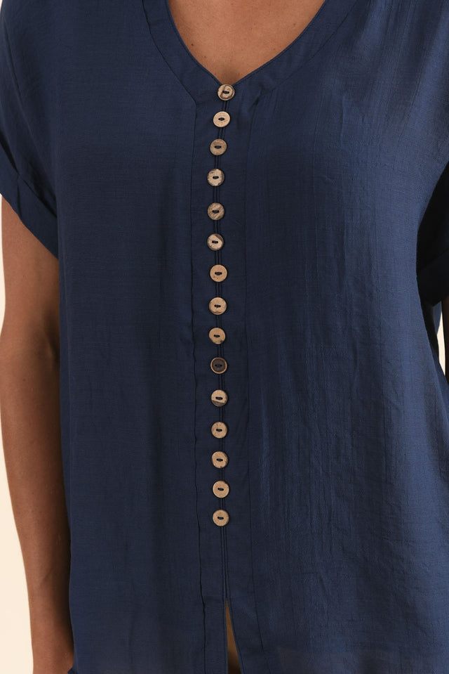 Attica Navy Cotton Blend Button Top,Detail,Brunette model,alt text|model:Brontie image 5