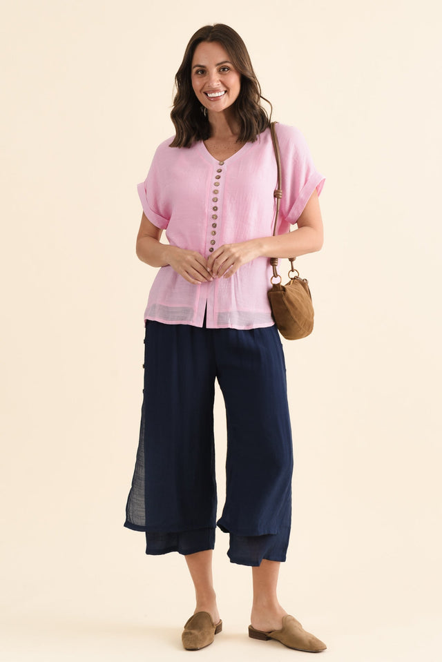 Attica Pink Cotton Blend Button Top,brunette model,Full Outfit,alt text|model:MJ