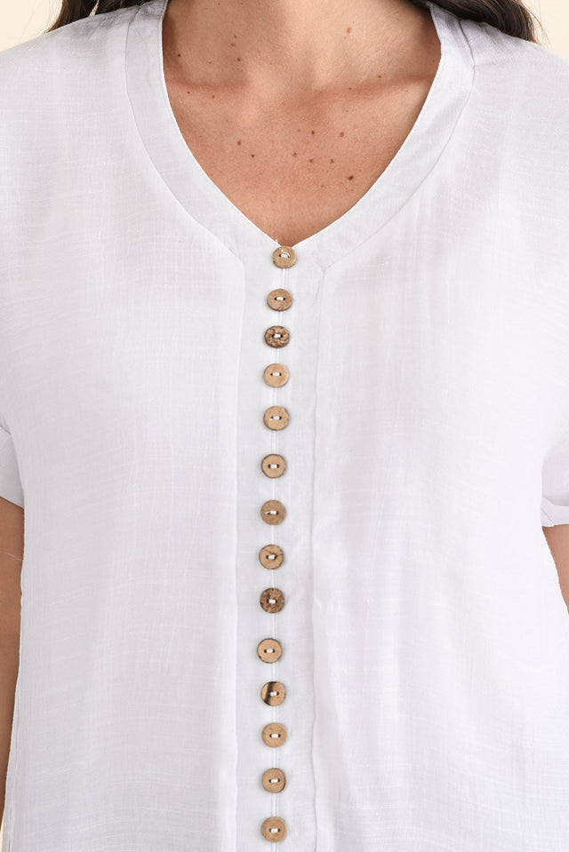 Attica White Cotton Blend Button Top,brunette model,Close up of outfit,alt text|model:MJ image 5