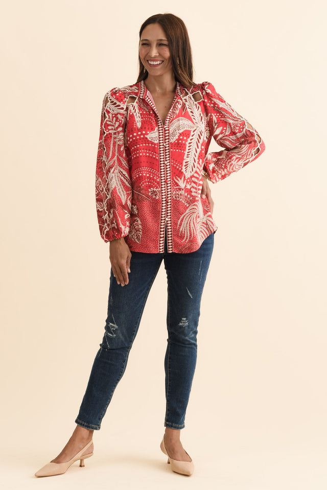 Audrey Red Palm Embroidered Blouse,Brunette model,alt text|model:Cara image 3