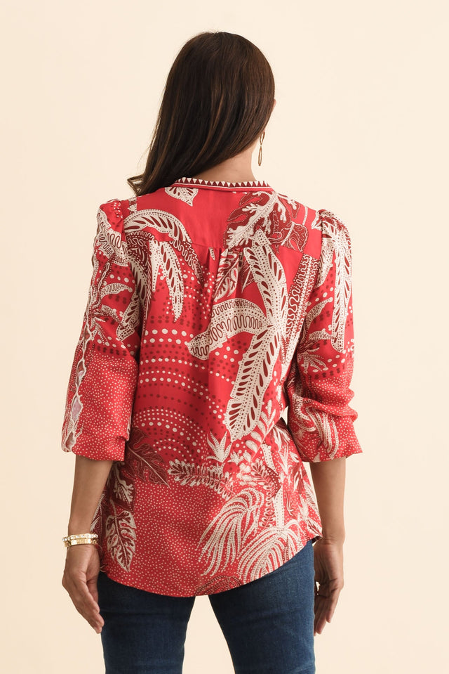 Audrey Red Palm Embroidered Blouse,Brunette model,alt text|model:Cara image 5
