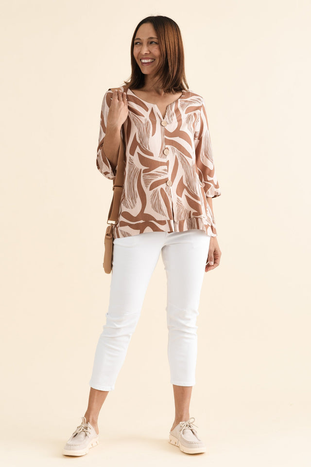 Augusta Tan Abstract Linen Cotton Top,brunette model,Full Outfit,alt text|model:Cara