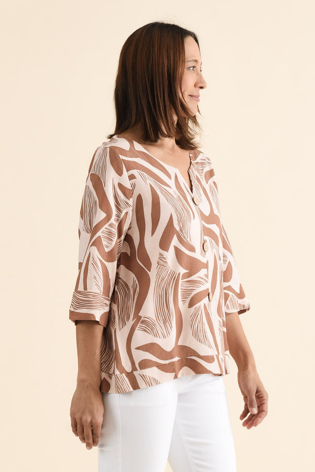 Augusta Tan Abstract Linen Cotton Top,brunette model,Side of Outfit,alt text|model:Cara image 3