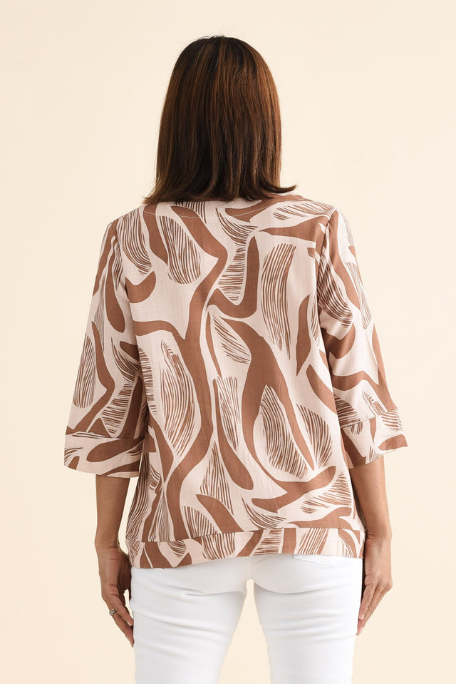 Augusta Tan Abstract Linen Cotton Top,brunette model,Back of Outfit,alt text|model:Cara image 4