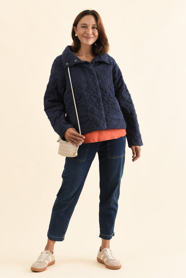 Aurora Navy Quilted Jacket,Full Body,Brunette model,alt text|model:Cara