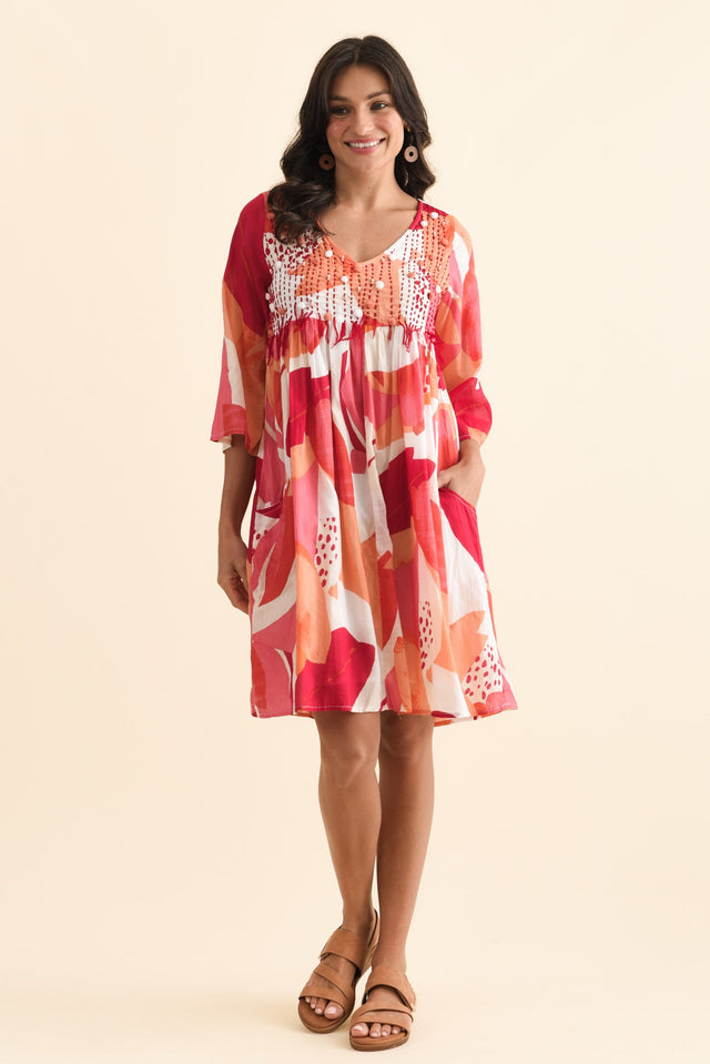 Ava Pink Abstract Cotton Pocket Dress,Brunette model,alt text|model:Brontie image 7