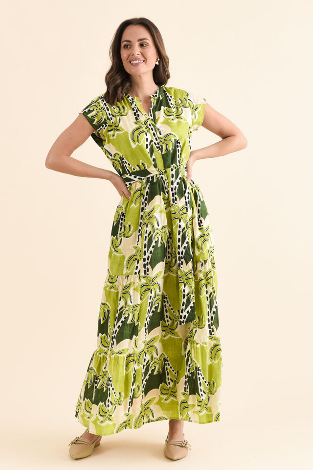 Avery Green Tropical Cotton Dress,Front,Brunette model,alt text|model:MJ