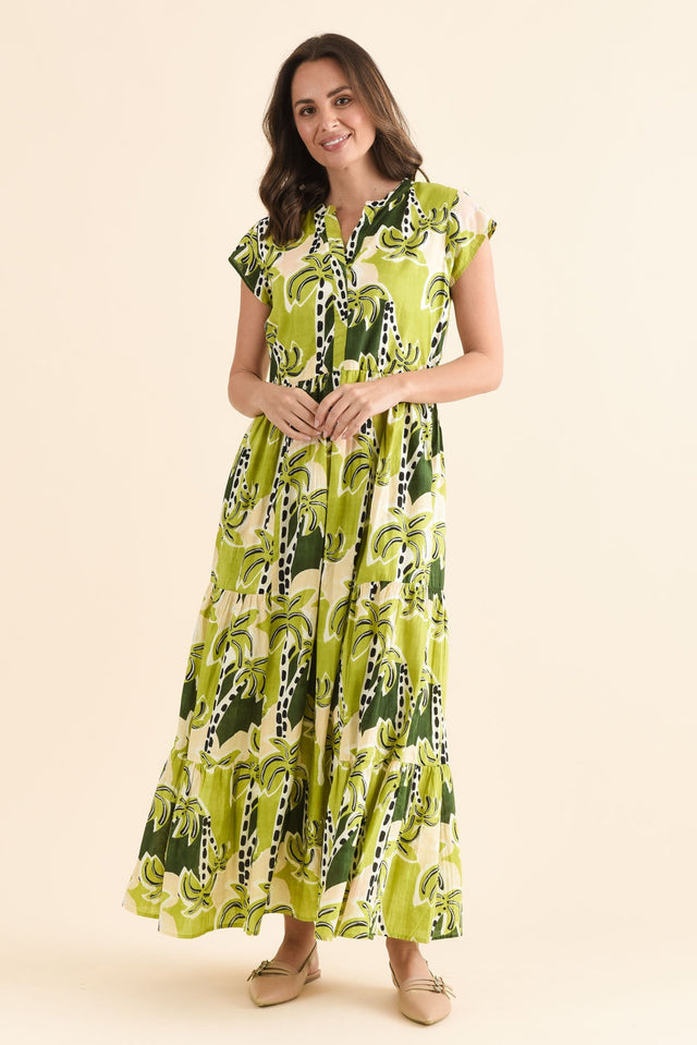 Avery Green Tropical Cotton Dress,Full Body,Brunette model,alt text|model:MJ