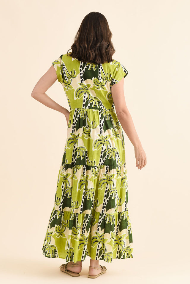 Avery Green Tropical Cotton Dress,Back,Brunette model,alt text|model:MJ image 4
