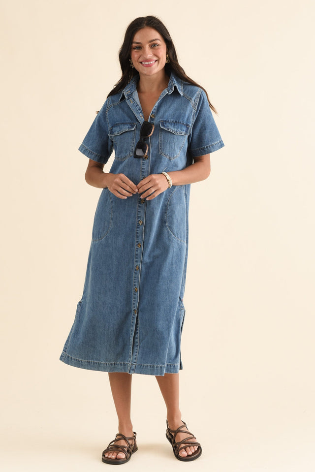 Ayla Blue Denim Shirt Dress,Front,Brunette model,alt text|model:Brontie