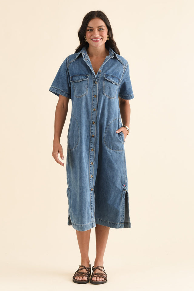 Ayla Blue Denim Shirt Dress,Full Body,Brunette model,alt text|model:Brontie