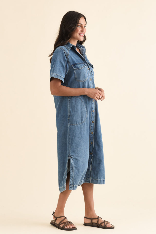 Ayla Blue Denim Shirt Dress,Side,Brunette model,alt text|model:Brontie image 3