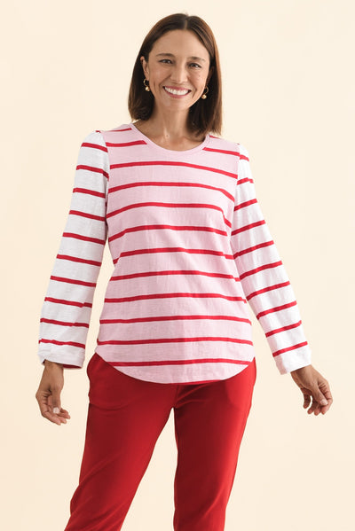 Baia Pink Stripe Cotton Long Sleeve Tee,Brunette model,alt text|model:Cara
