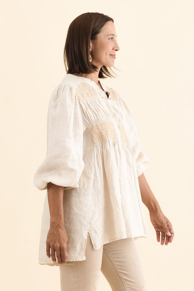 Balos Natural Linen Embellished Top,Brunette model,alt text|model:Cara image 4