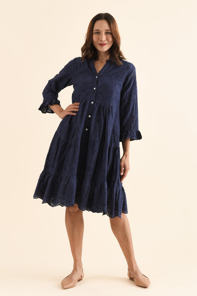 Banks Navy Cotton Embroidered Dress,Full Body,Brunette model,alt text|model:Cara