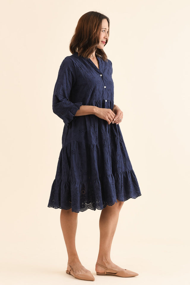 Banks Navy Cotton Embroidered Dress,Side,Brunette model,alt text|model:Cara image 3