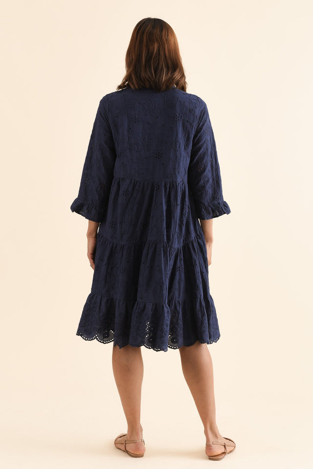 Banks Navy Cotton Embroidered Dress,Back,Brunette model,alt text|model:Cara image 4
