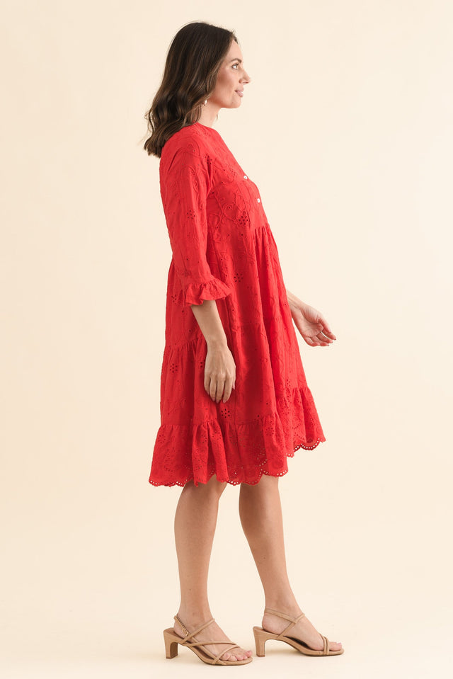 Banks Red Cotton Embroidered Dress,Side,Brunette model,alt text|model:MJ image 3