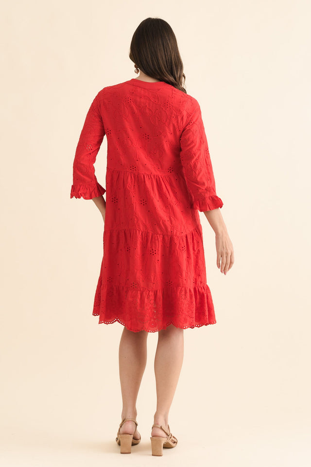 Banks Red Cotton Embroidered Dress,Back,Brunette model,alt text|model:MJ image 4