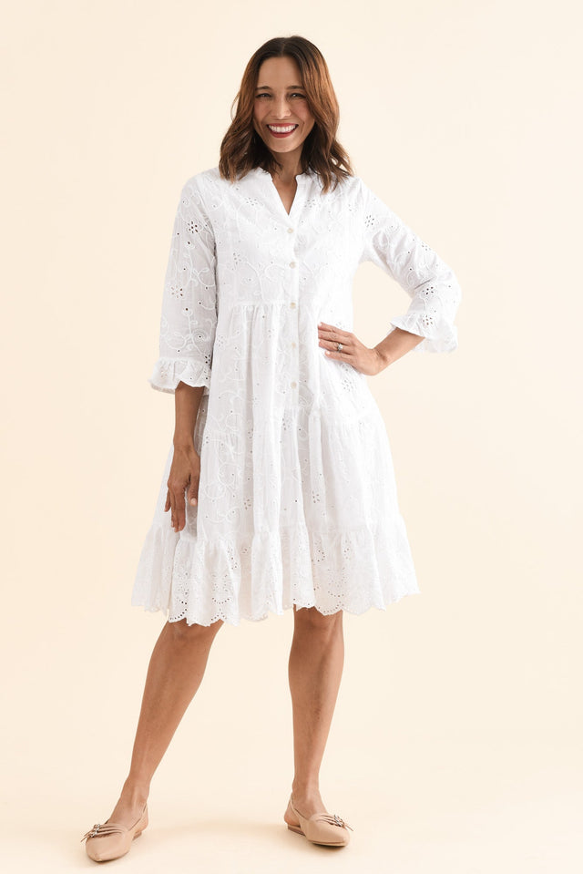 Banks White Cotton Embroidered Dress,Front,Brunette model,alt text|model:Cara