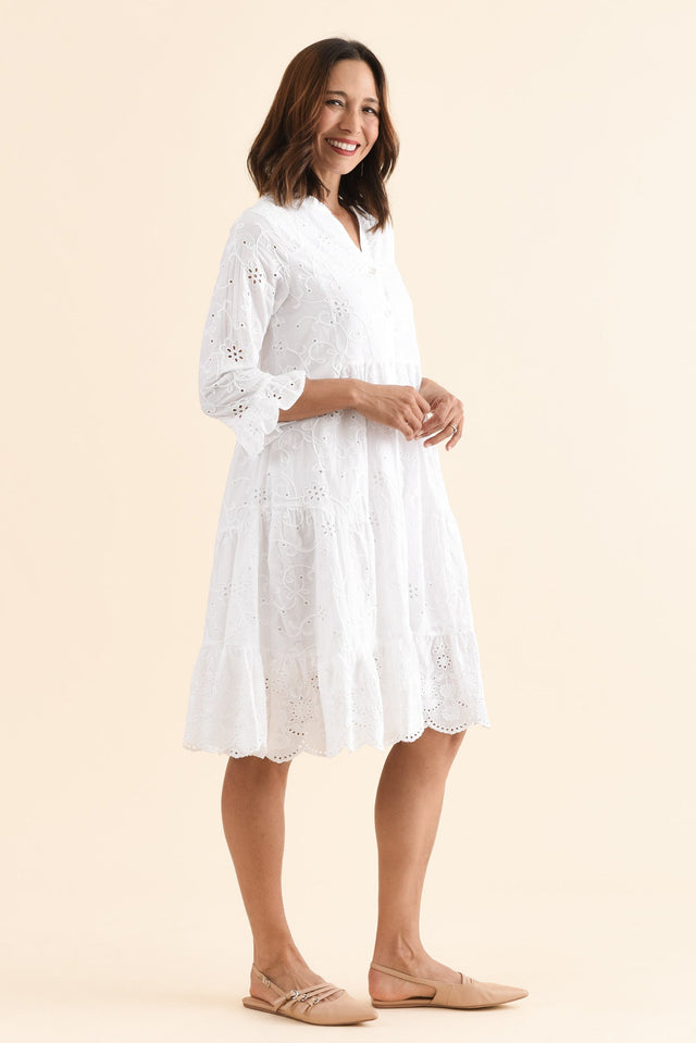 Banks White Cotton Embroidered Dress,Side,Brunette model,alt text|model:Cara image 3