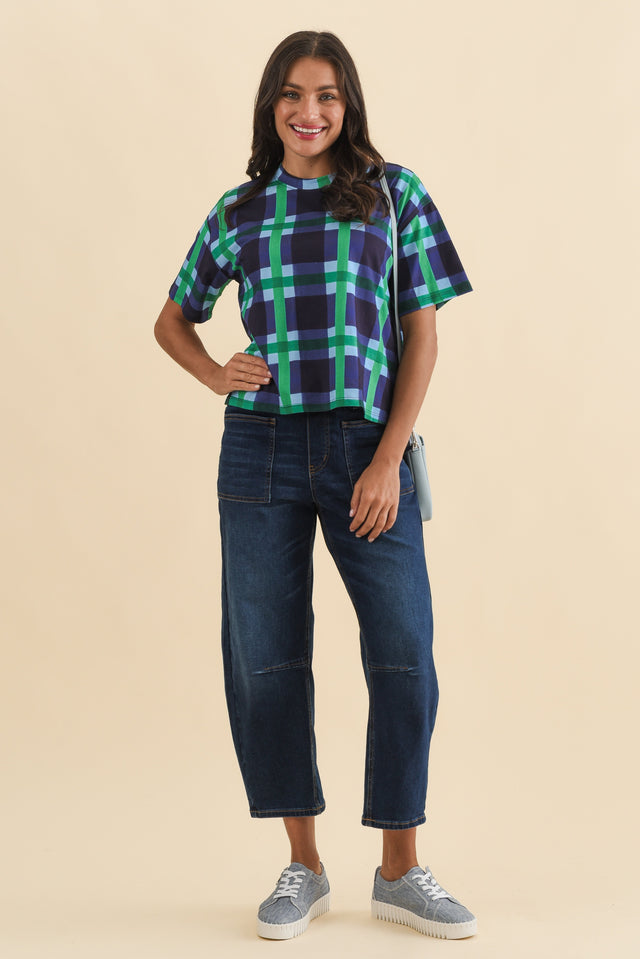 Bari Navy Check Cotton Tee,Brunette model,alt text|model:Brontie image 7