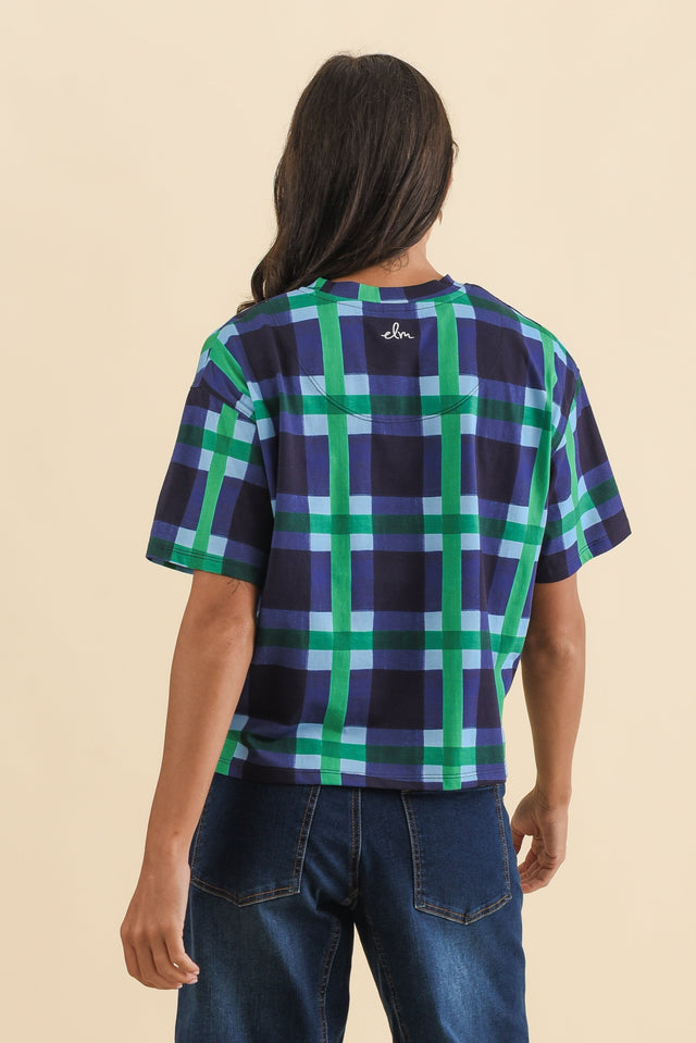 Bari Navy Check Cotton Tee,Brunette model,alt text|model:Brontie image 5