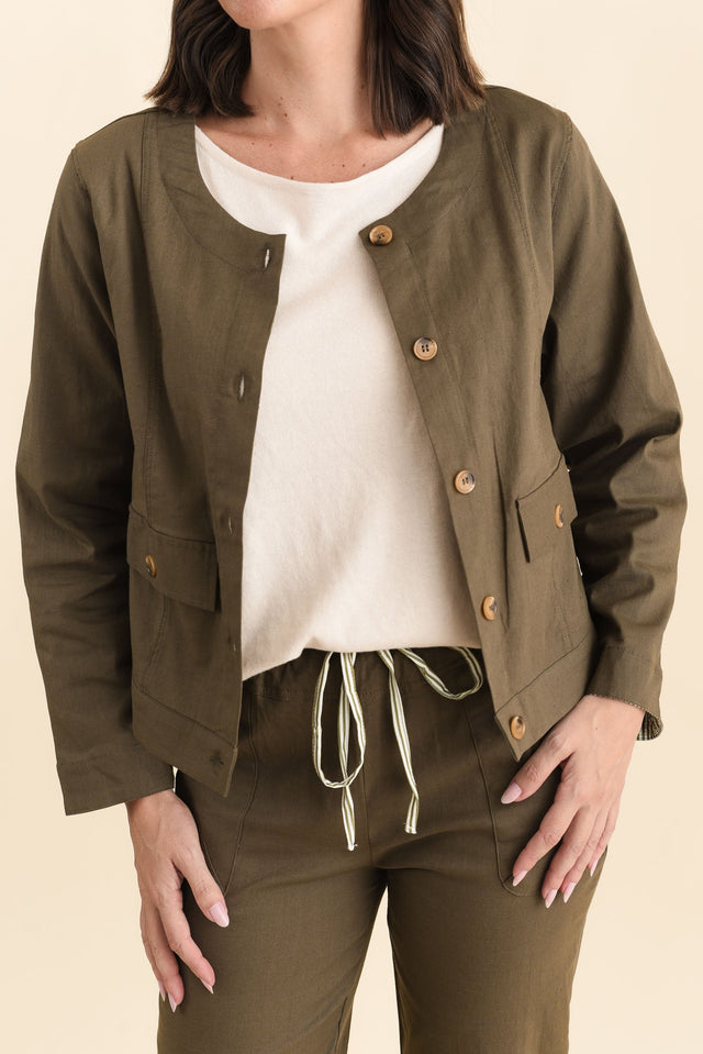 Barney Khaki Linen Blend Jacket,Brunette model,alt text|model:MJ image 7