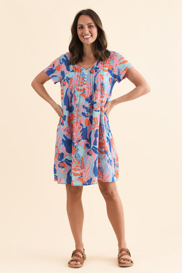 Barry Blue Watercolour Cotton Button Dress,Full Body,Brunette model,alt text|model:MJ image 2