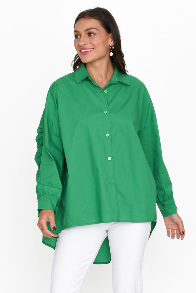 Bayliss Green Cotton Ruched Shirt neckline_V Neck  alt text|model:Brontie;wearing:S/M