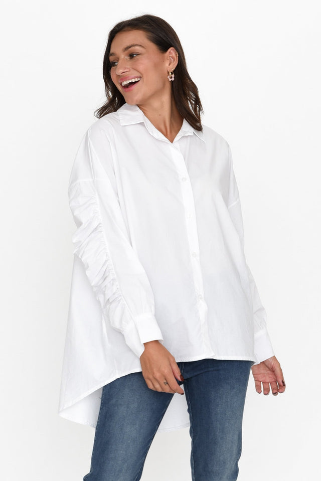 Bayliss White Cotton Ruched Shirt neckline_V Neck  alt text|model:Brontie;wearing:S/M