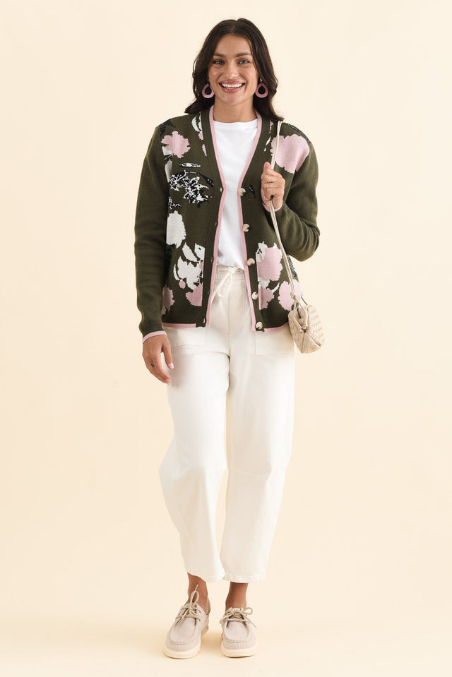 Bea Khaki Floral Knit Cardigan,Brunette model,alt text|model:Brontie image 3