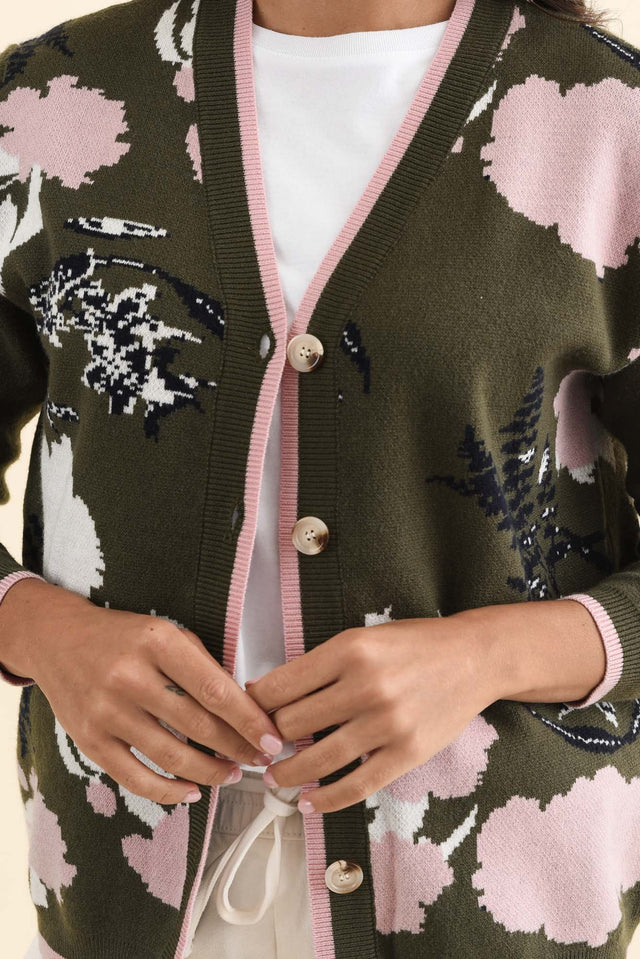 Bea Khaki Floral Knit Cardigan,Brunette model,alt text|model:Brontie image 6