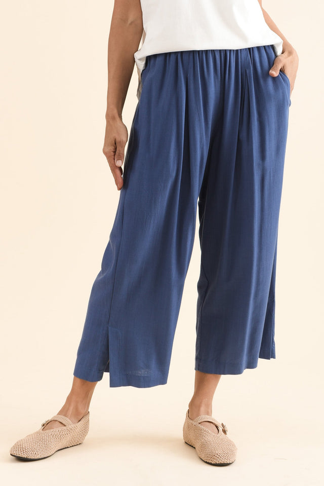 Belinda Blue Linen Blend Cropped Pants,Front,Brunette model,alt text|model:Cara