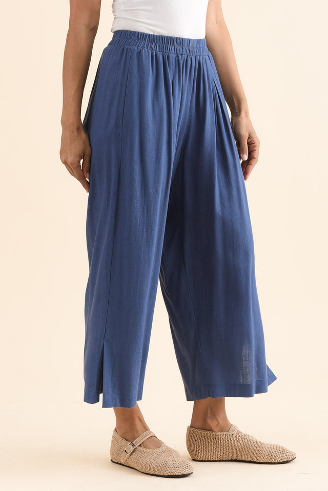 Belinda Blue Linen Blend Cropped Pants,Side,Brunette model,alt text|model:Cara image 5