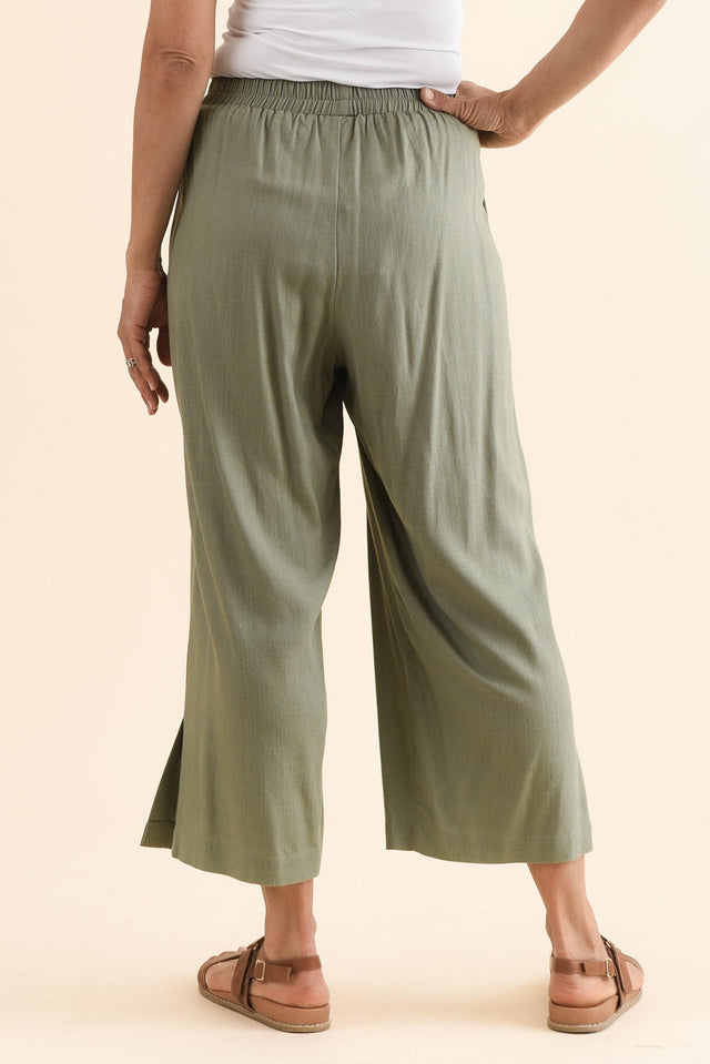 Belinda Khaki Linen Blend Cropped Pants,Back,Brunette model,alt text|model:Cara image 6