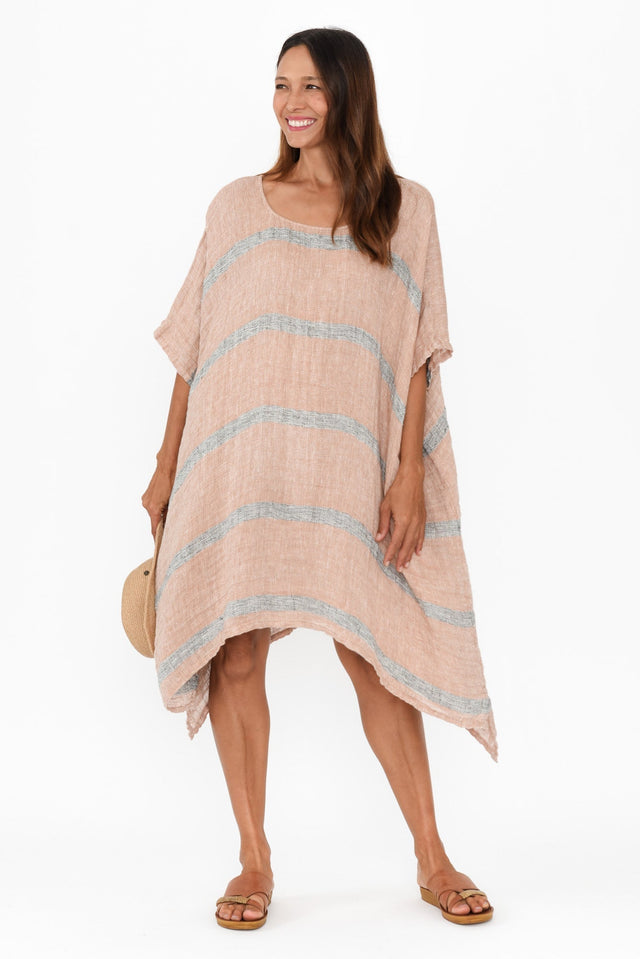 Belize Pink Stripe Linen Kaftan,Brunette model,alt text|model:Cara