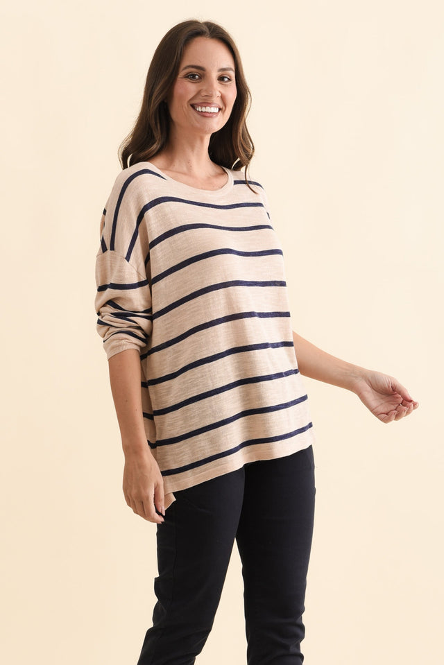 Berlin Navy Stripe Cotton Blend Knit Top,Brunette model,alt text|model:MJ image 4