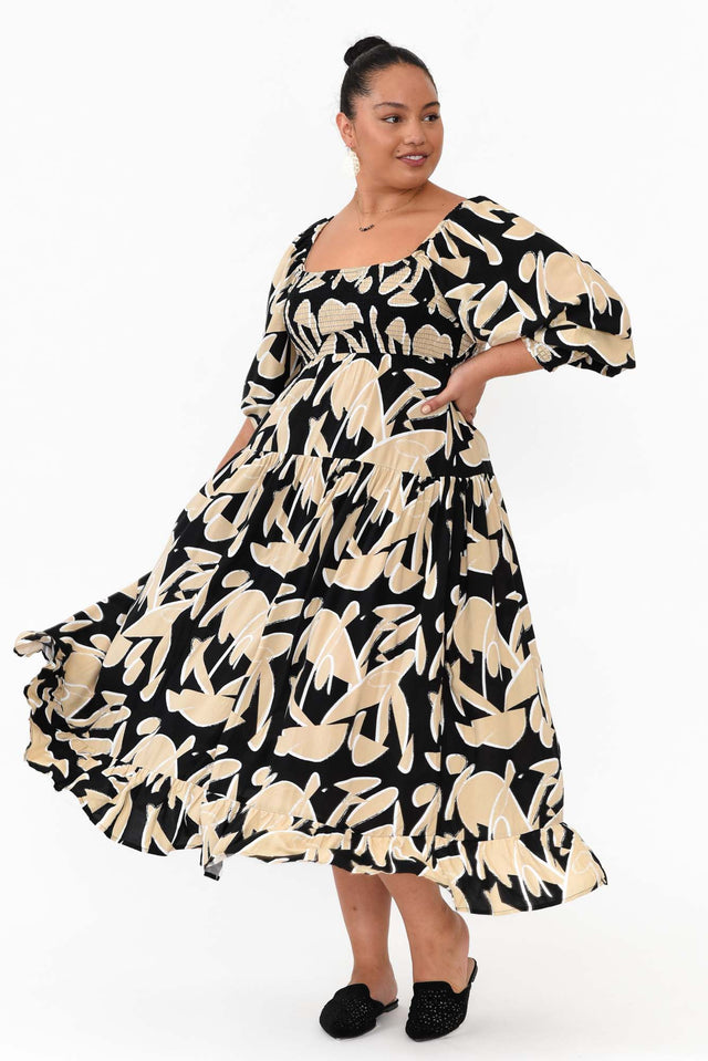 Beverly Black Abstract Shirred Tier Dress image 11