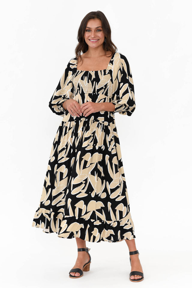 Beverly Black Abstract Shirred Tier Dress image 7