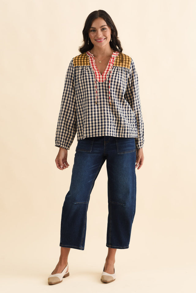 Billie Navy Check Cotton Top,Brunette model,alt text|model:Brontie image 3