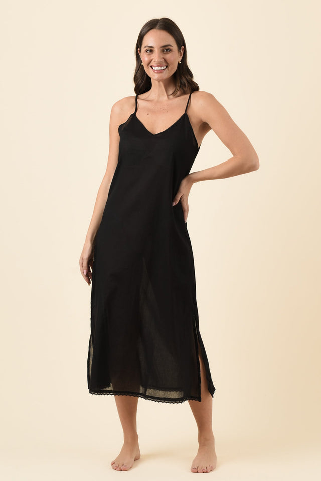 Black Cotton Maxi Slip Dress,Brunette model,alt text|model:MJ