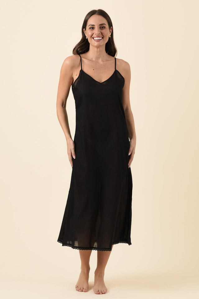 Black Cotton Maxi Slip Dress,Brunette model,alt text|model:MJ