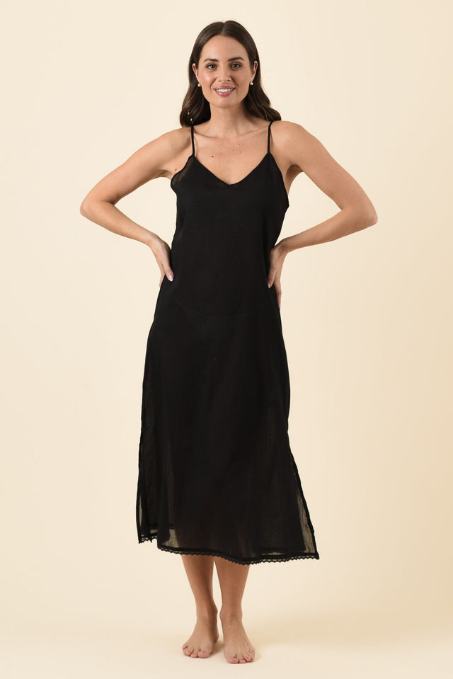 Black Cotton Maxi Slip Dress,Brunette model,alt text|model:MJ image 7