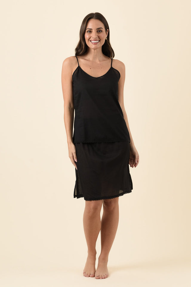 Black Cotton Slip Skirt,Brunette model,alt text|model:MJ