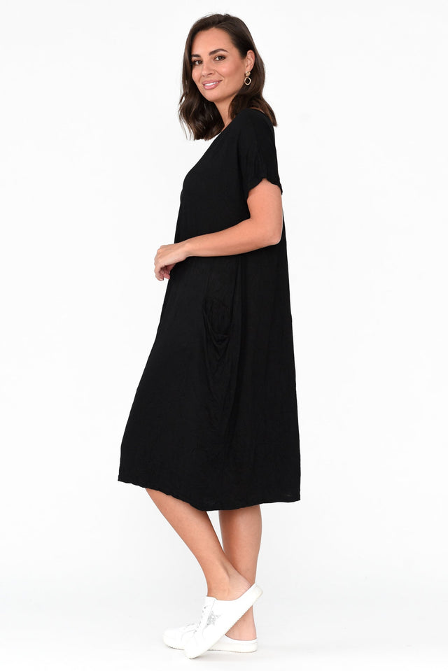 Black Pocket Crinkle Cotton Midi Dress