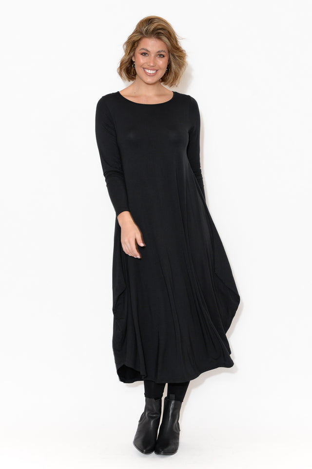 Black Long Sleeved Micro Modal Drape Dress banner image