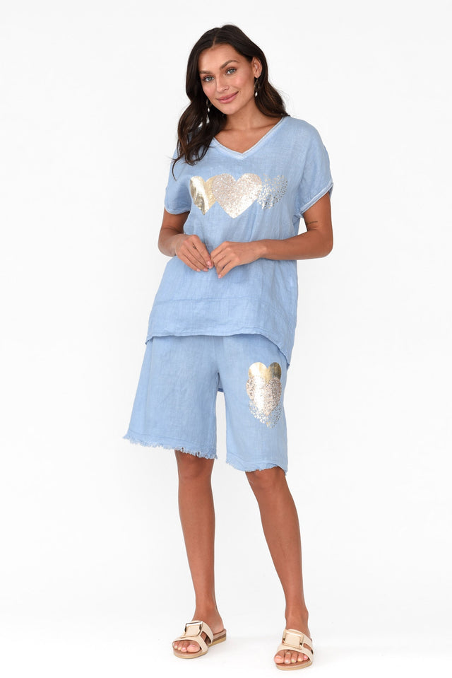 Katana Blue Foil Heart Linen Shorts